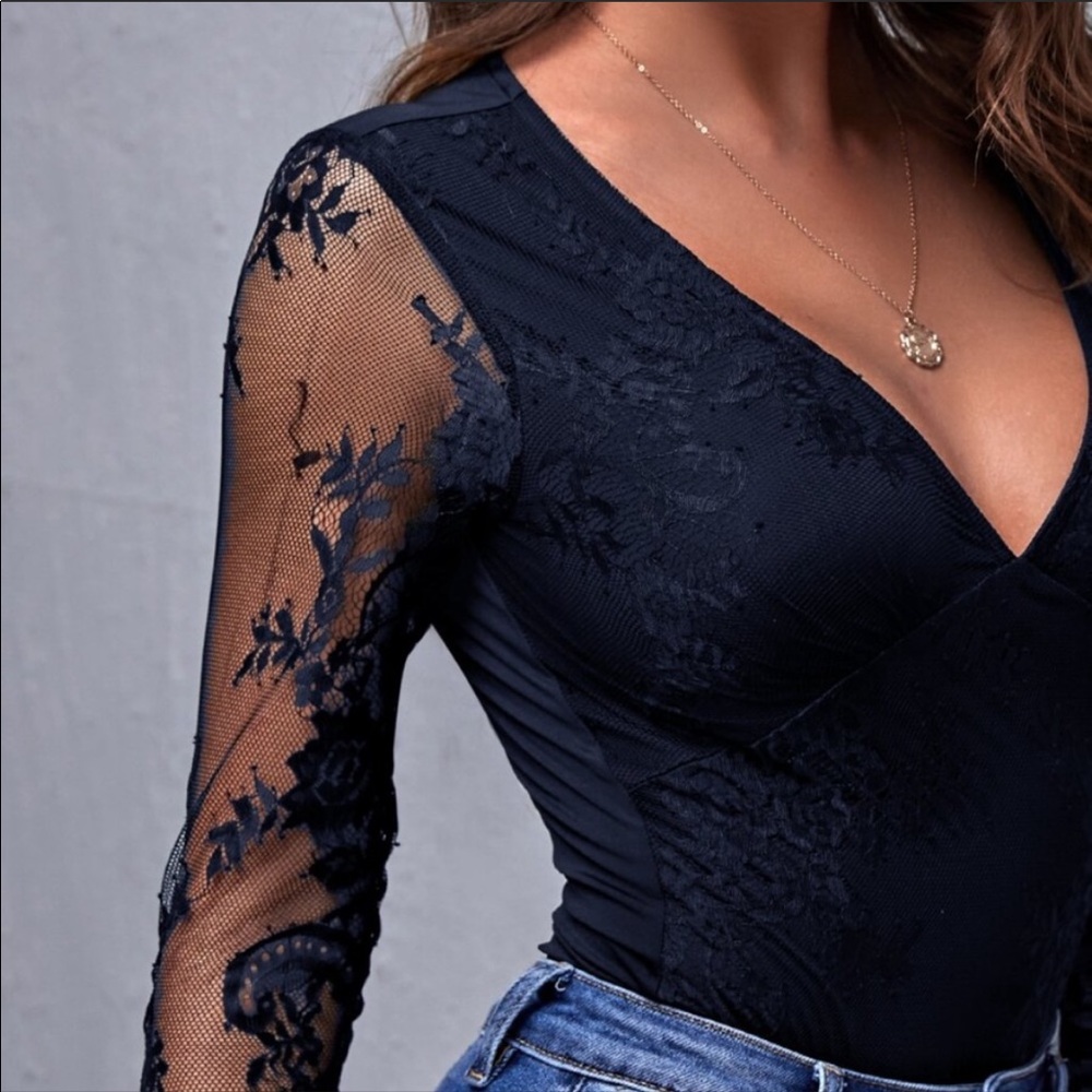 Plunging v neck lace sheer sleeve bodysuit khaki - Picture 12 of 15
